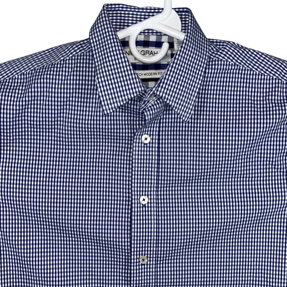 Nick Graham Everywhere Mens Navy Blue Gingham Stretch Modern Fit 15.5 32-33‎